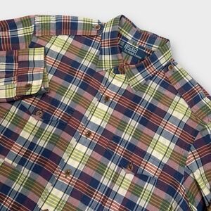 Polo Ralph Lauren Shirt Mens L Madras Multicolor Plaid Epaulettes Button Up